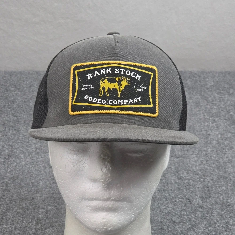 Rank Stock Rodeo Hat Gray Black Patch Hooey Trucker Farmcore Grunge Cowboy Work